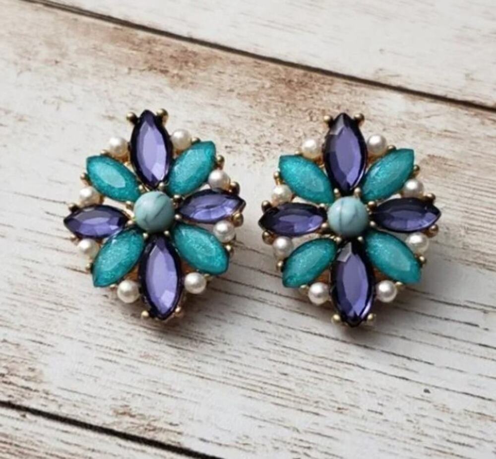 Vintage Clip On Earrings 1" Stunning Blue Tone Gems & Faux Pearls